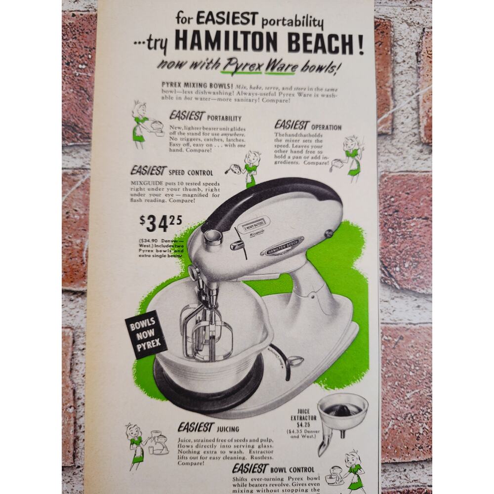 1950‎ Hamilton Beach with Pyrex Ware Bowls Stand Mixer Retro MCM Vtg Print Ad